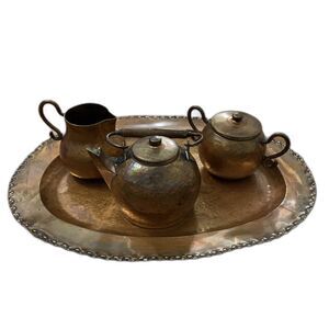 Vintage Hammered Artisan Copper Tea Set Recuerdo Chile Pot Sugar Creamer Tray